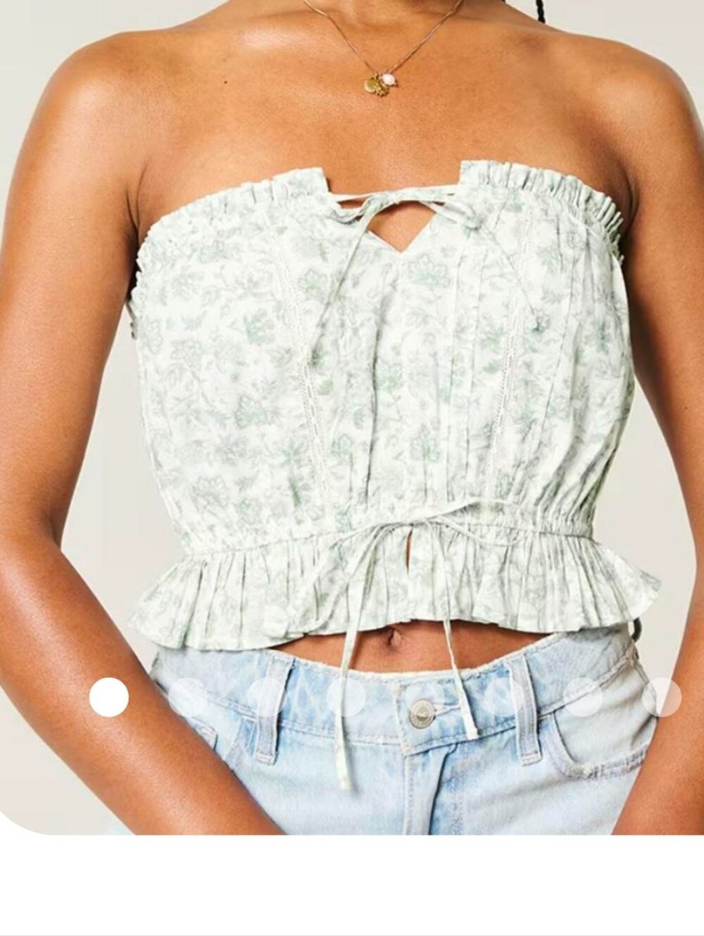 Hollister Small NWT Easy Cropped Lace Inset Top, Sage Flowers On White Cotton